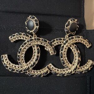 Large CHANEL Gold and Black Interlocking Earrings